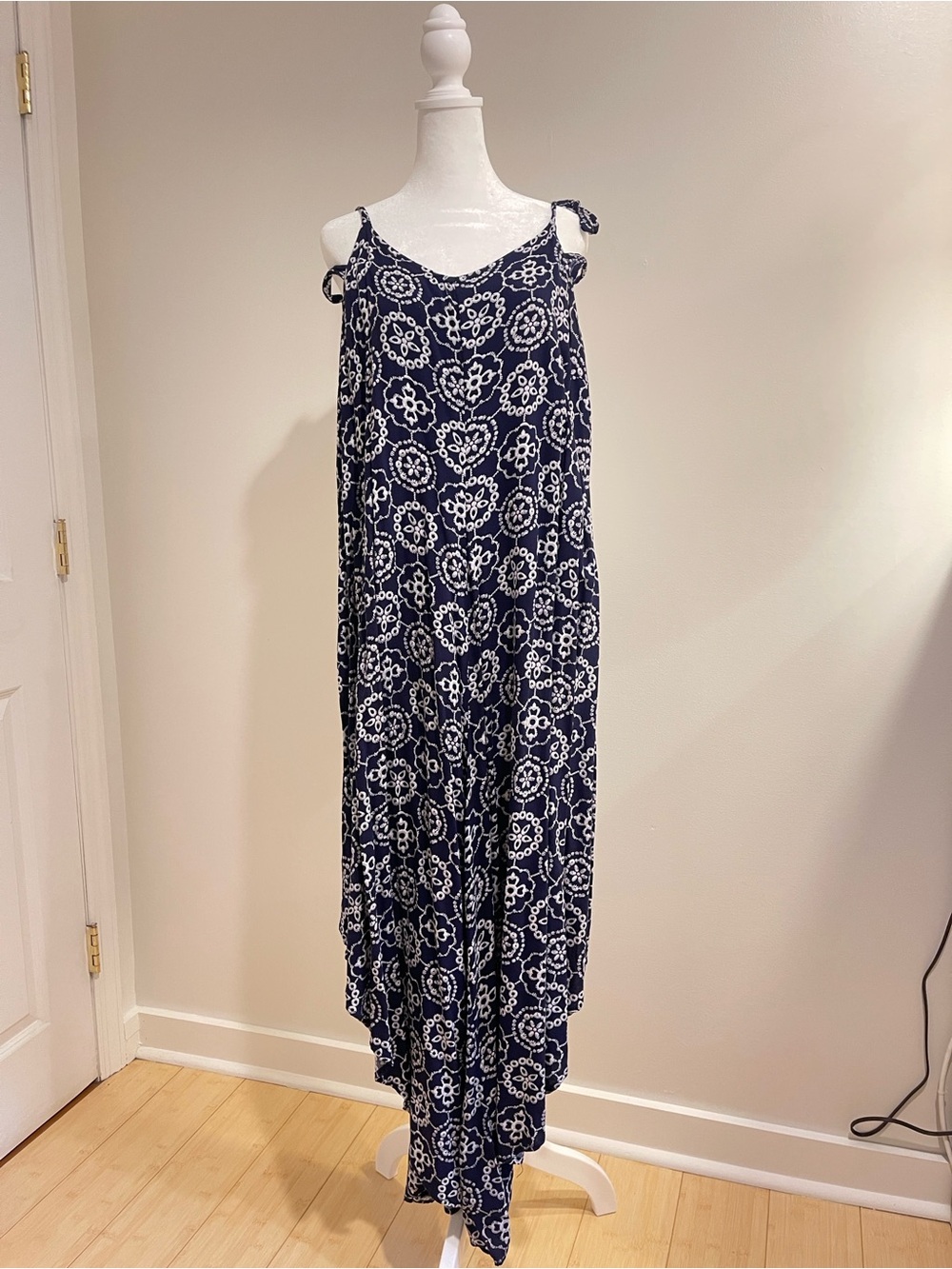 Navy Blue Floral Tie-Shoulder Maxi Romper